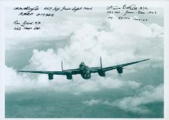 A close-up of a Lancaster in Flight pictured from in front, Black and White Photo, Signed by 3