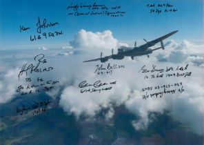 A solitary Lancaster in Flight pictured in Cloudy Skies, Colour Photo Signed by 10 including John