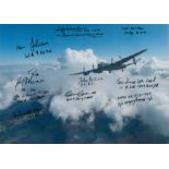 A solitary Lancaster in Flight pictured in Cloudy Skies, Colour Photo Signed by 10 including John