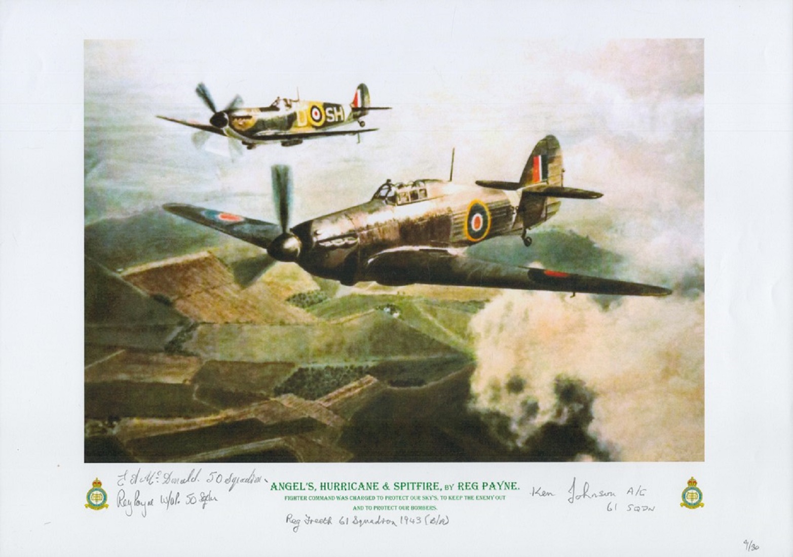 Angel's Hurricane and Spitfire print by Reg Payne. Signed by 3 including Mcdonald, Freeth and