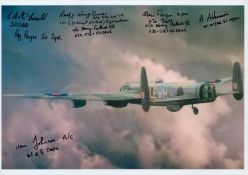 A close-up of a Lancaster in Flight pictured from behind, Colour Photo Signed by 8 including Ken