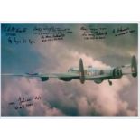 A close-up of a Lancaster in Flight pictured from behind, Colour Photo Signed by 8 including Ken