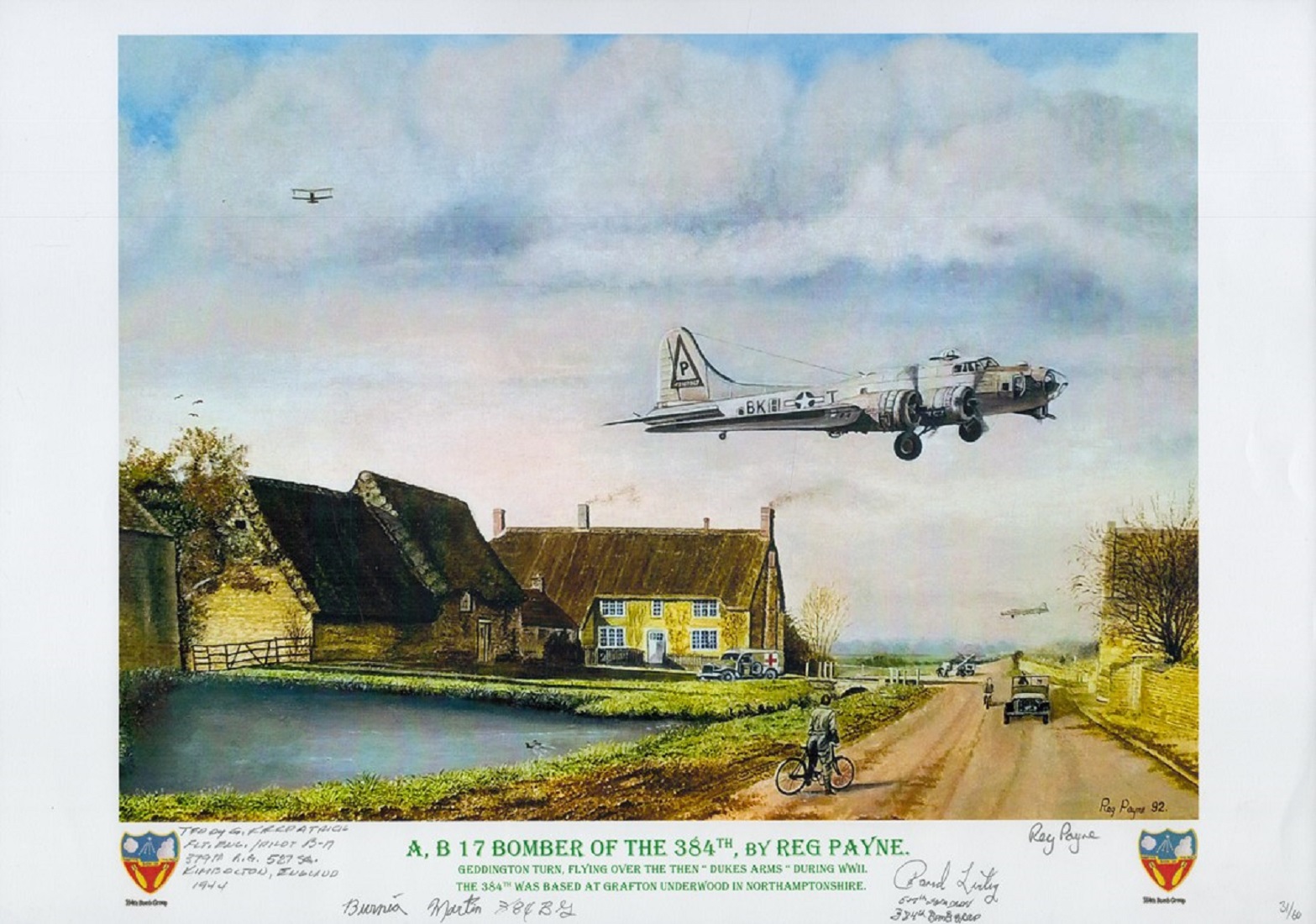 B 17 Bomber of the 384th USAAF by Reg Payne print. Signed by Staff Sgt Martin, Staff Sgt Estrin,