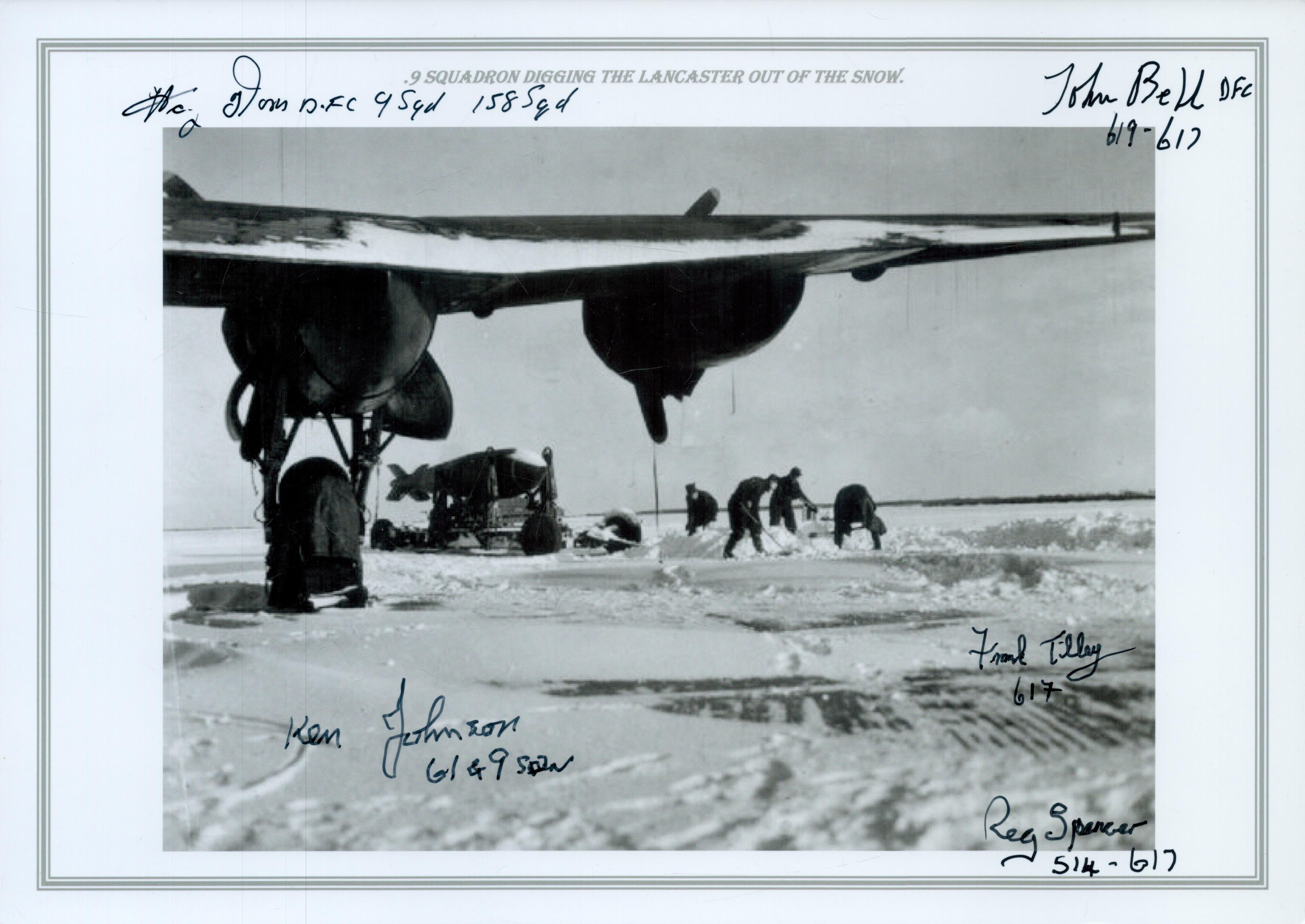 9 Squadron Digging the Lancaster out of The Snow, Black and White Photo, Signed by 5 including Reg