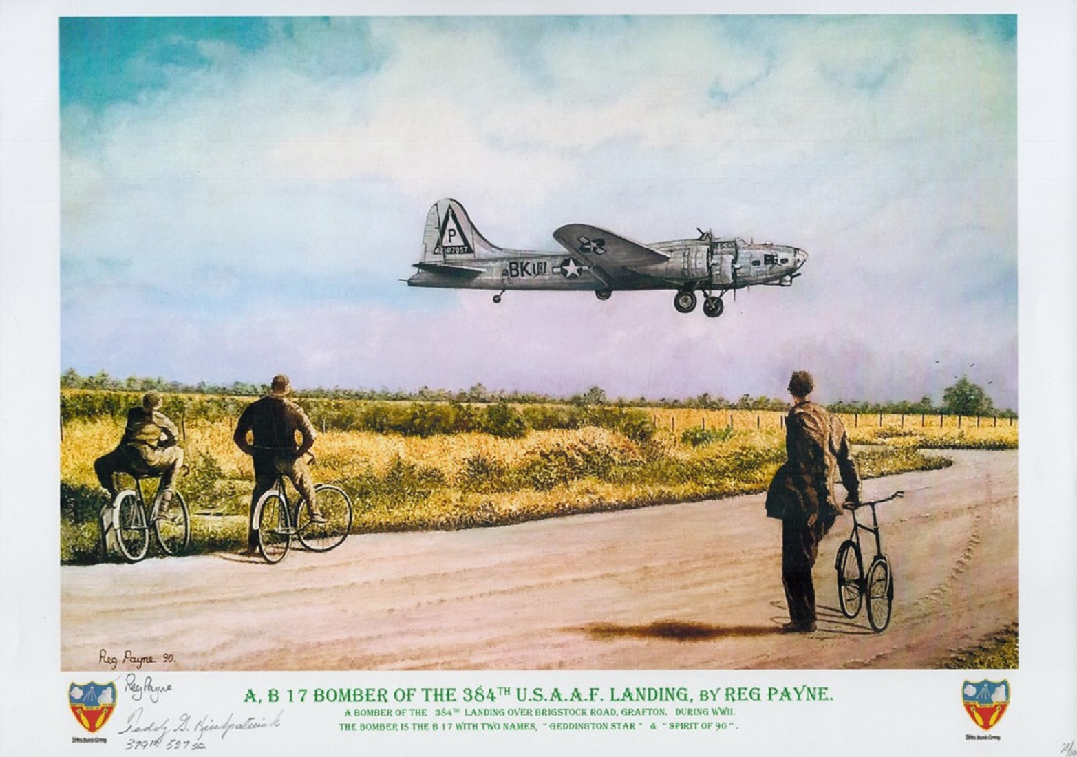 B 17 Bomber of the 384th USAAF landing by Reg Payne print. Signed by Teddy Kirkpatrick. Numbered