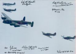 A Lancaster in flight with 4 Fighters, Colour Photo Signed by 8 including Rusty Waughman, Ken