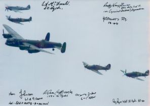 A Lancaster in flight with 4 Fighters, Colour Photo Signed by 8 including Rusty Waughman, Ken