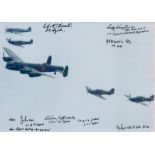 A Lancaster in flight with 4 Fighters, Colour Photo Signed by 8 including Rusty Waughman, Ken