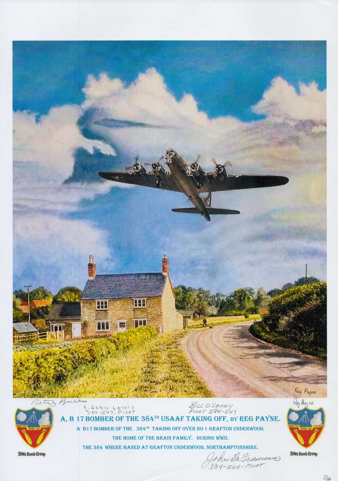 B 17 Bomber of the 384th USAAF taking off by Reg Payne. Signed by 2nd Ltntc O'leary, Staff Sgt
