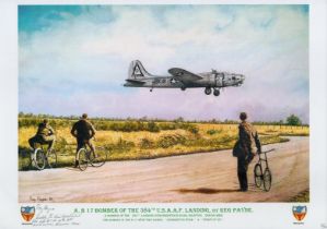 B 17 Bomber of the 384th USAAF landing by Reg Payne print. Signed by Teddy Kirkpatrick. Numbered