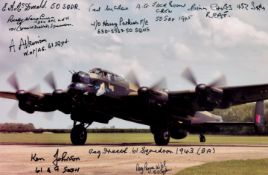 A Lancaster on the ground, Engines Running, Ready to Take-Off, Colour Photo Signed by 10 including