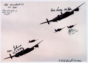 Two Lancasters and 3 Fighters in Flight, Colour Photo Signed by 6 including Eric Varney, Bill Chubb,