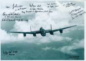 A close-up of a Solitary Lancaster in Flight pictured from in front, Black and White Photo, Signed