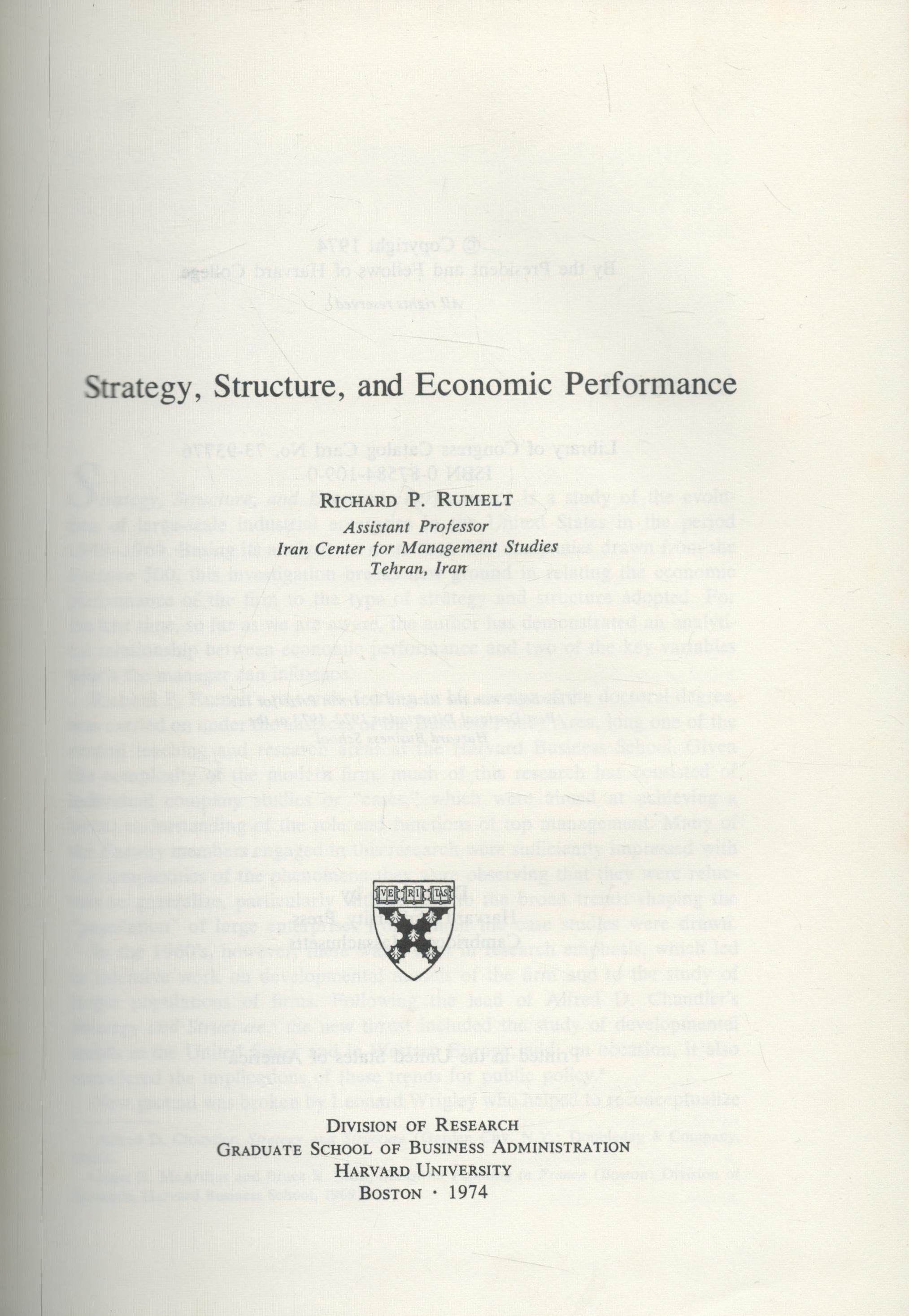 Strategy, Structure, and Economic Performance by Richard P Rumelt 1974 hardback book with 235 pages, - Image 2 of 3