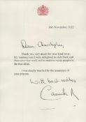 HM Queen Camilla signed letter on note paper with Royal crest. Dated 16/11/2022. Good condition. All