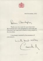 HM Queen Camilla signed letter on note paper with Royal crest. Dated 16/11/2022. Good condition. All