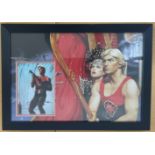 Sam J Jones signed colour Flash Gordon photo inset into larger Flash Gordon picture. Framed to