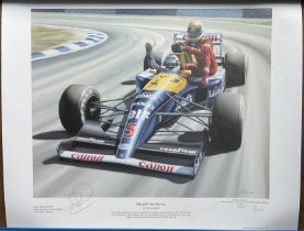 Nigel Mansell signed Mansell's Taxi Service colour print. Publishers proof number 17 of 30. Also