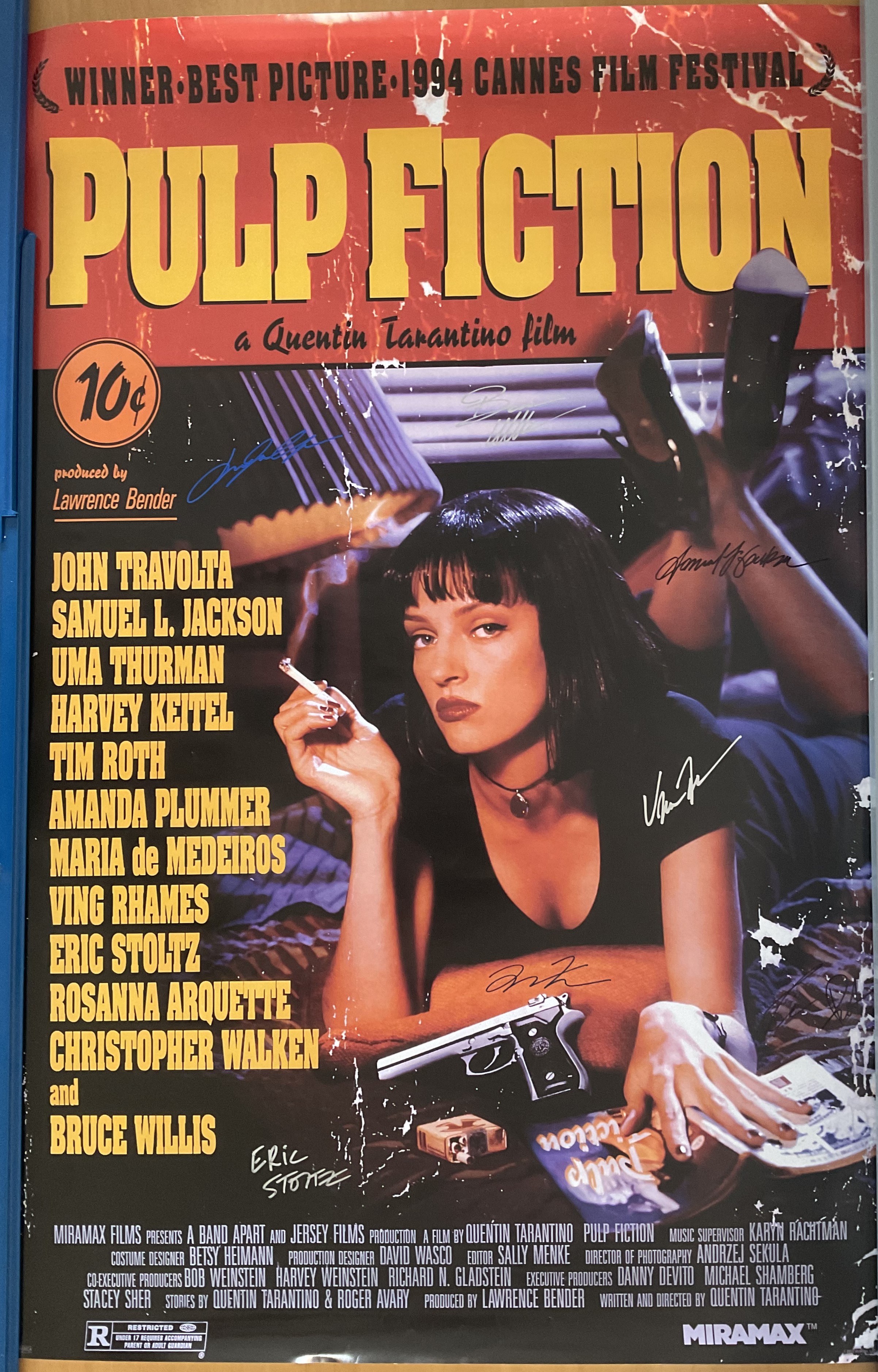 Original (1994) movie poster for Pulp Fiction. Signed by six principal cast members plus Director