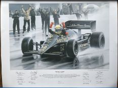Birth of a Legend print by Robert Tomlin. Multi signed by 11 of Sennas team and the artist. Signed