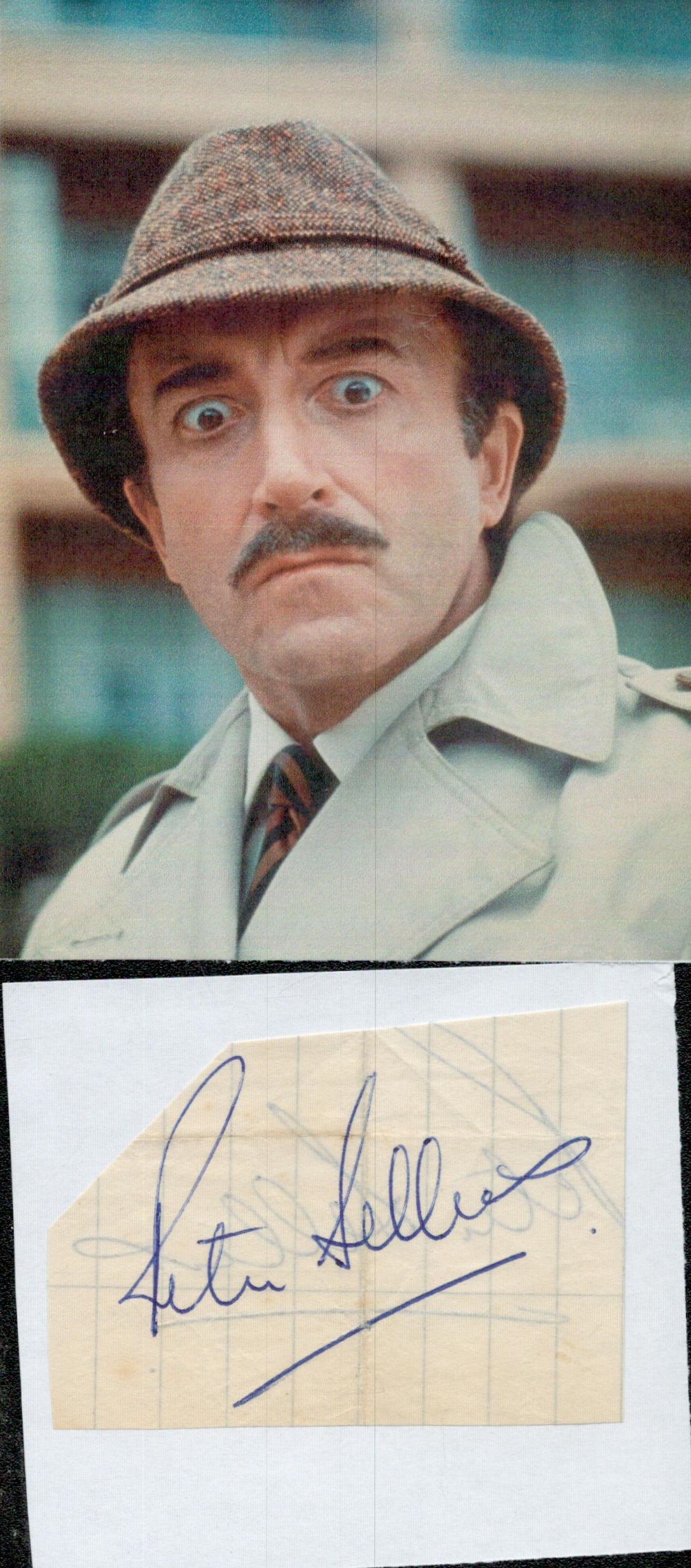 Peter Sellers 3x3 inch signed page cutting and 5x4 inch Inspector Closeau colour magazine photo.