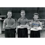 Football Autographed GEORGE MEEK 12 x 8 Photo : B/W, depicting Leeds United’s Jim Langley, Ron