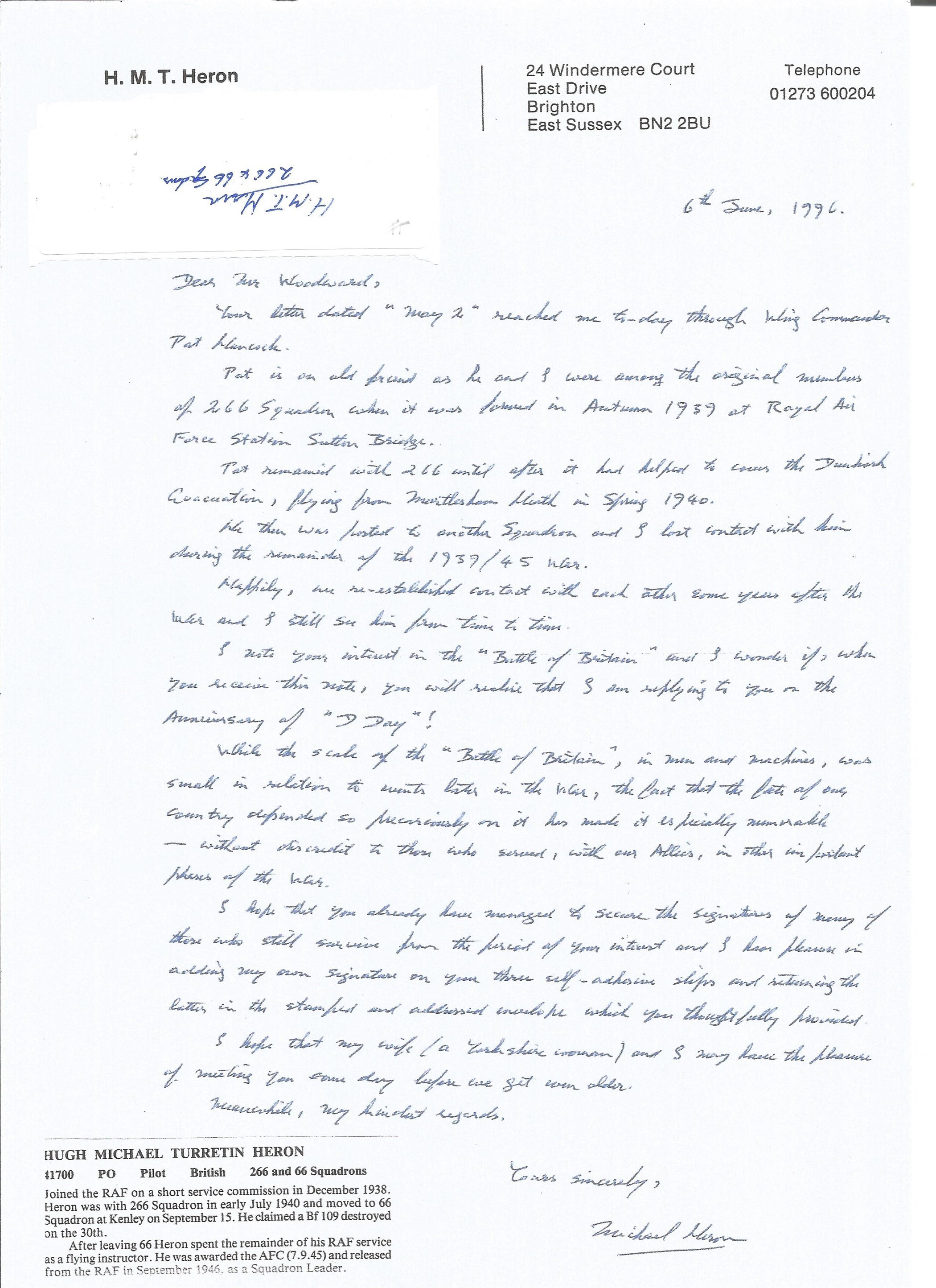 WW2 BOB fighter pilot Hugh Heron 266 sqn signature piece and copy letter with biography details
