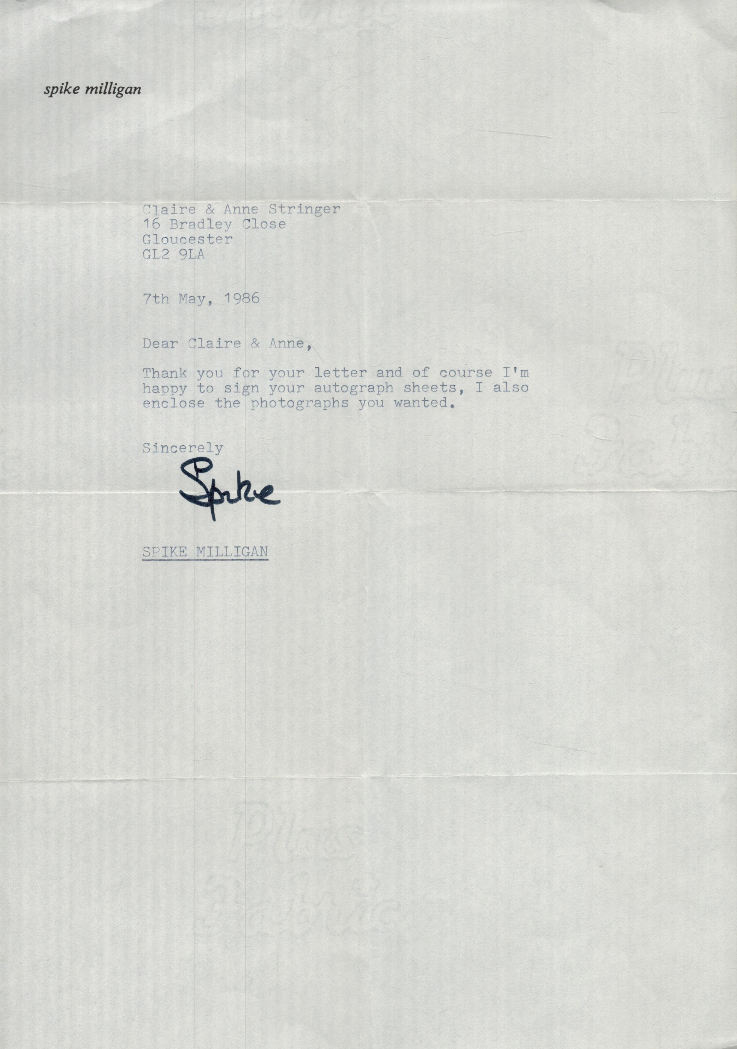 Spike Milligan signed TLS Thank you letter A4 sheet. Was an Irish comedian, writer, musician,