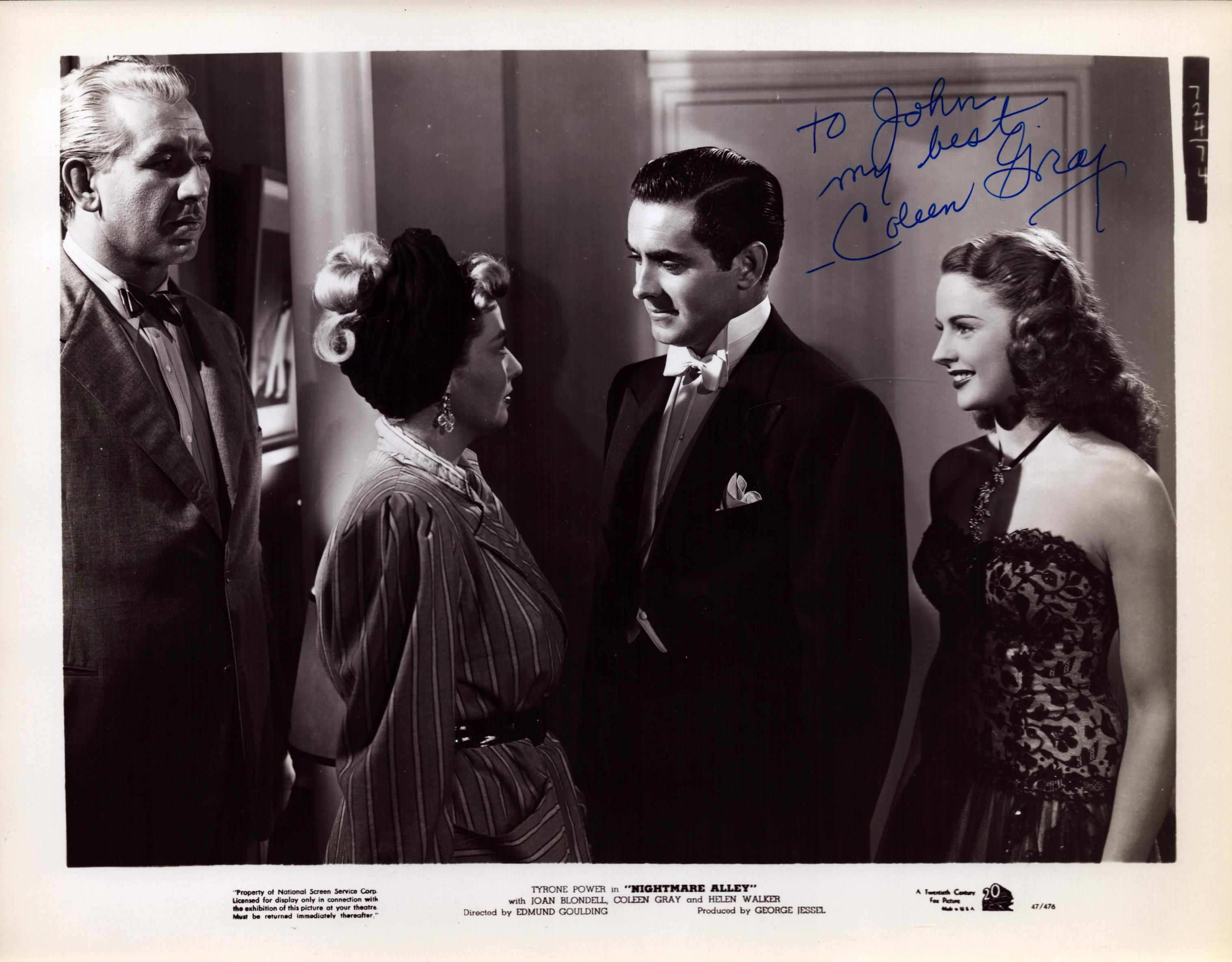 Coleen Gray signed 10x8 inch black and white 'Nightmare Alley' lobby card. DEDICATED. Good