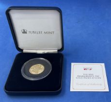 The 2022 Remembrance Day Gold Proof One pound Coin, Jubilee Mint. In Black display case. Good