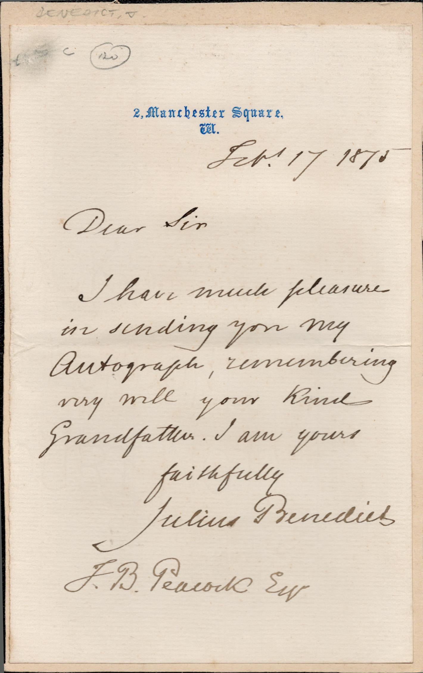 Julius Benedict ALS dated 1875. German composer. Good Condition. All autographs come with a