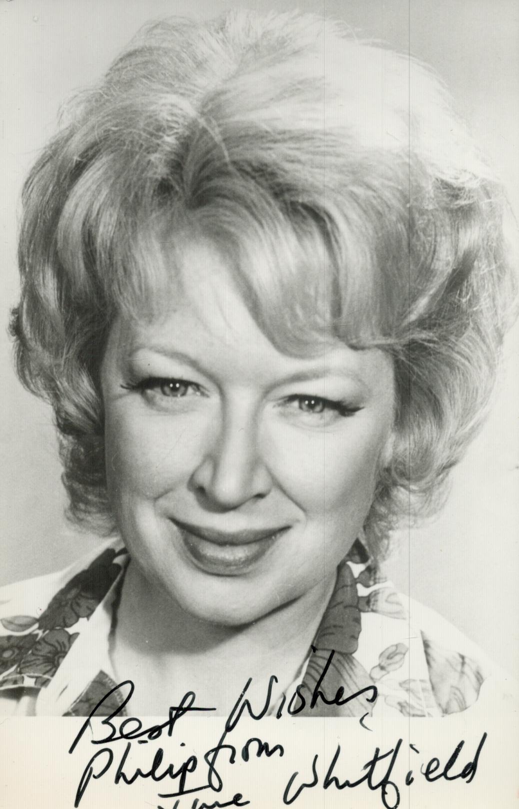 Dame June Whitfield, DBE signed black & white 5.5x3.5 Inch. Dedicated. Was an English radio,