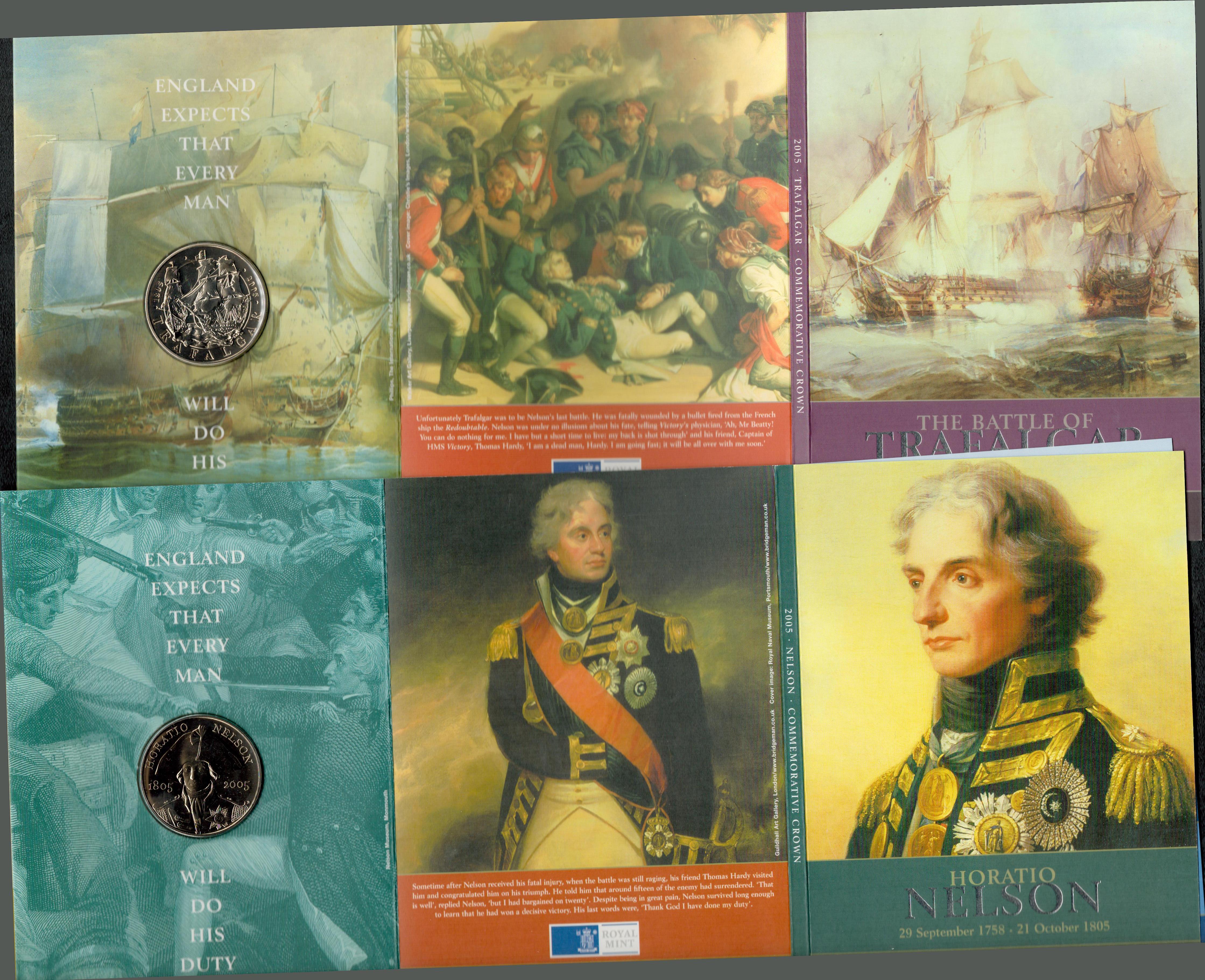 200th Nelson Trafalgar Uncirculated UK 2005 Crown Set in Presentation Folder. £5.00 coin in each. - Image 2 of 2