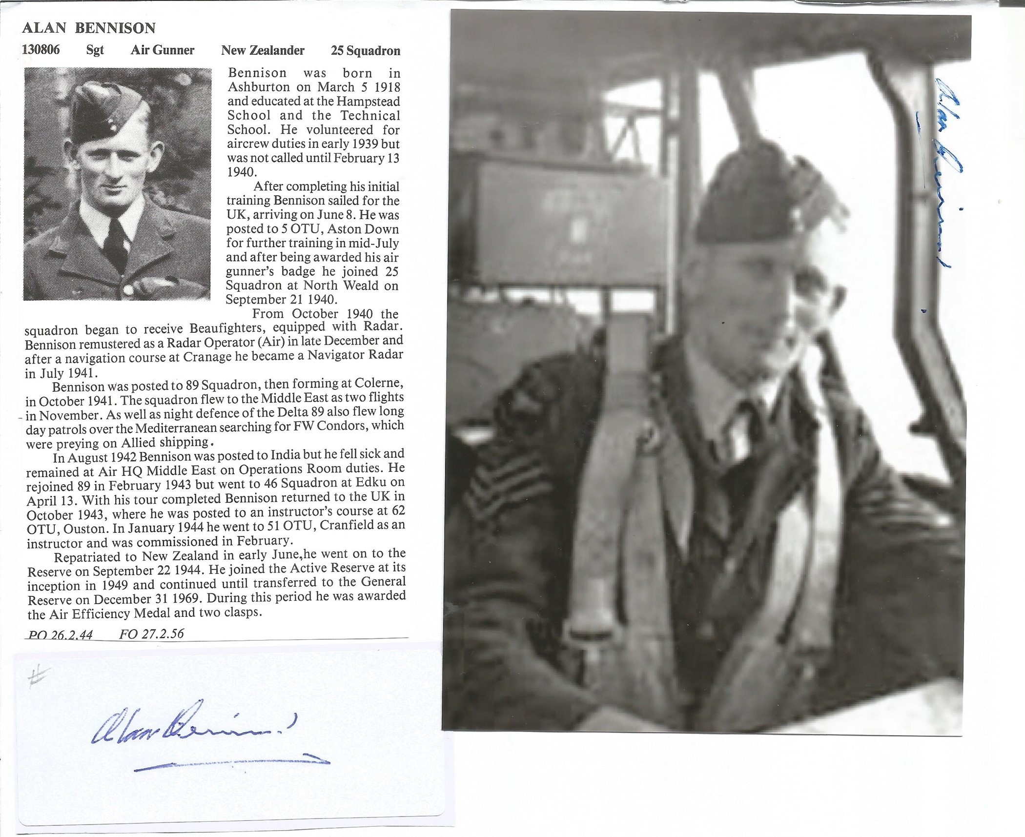WW2 BOB fighter pilot Alan Bennison 25 sqn signature piece with biography details fixed to A4 - Image 2 of 2