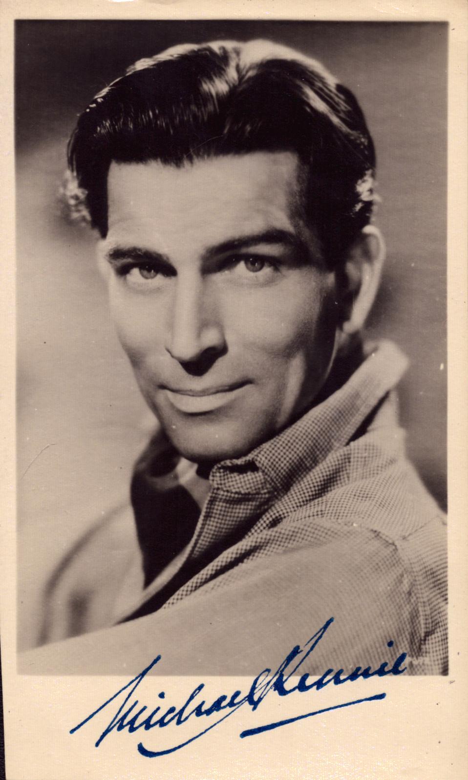 Michael Rennie signed 5.5x3.5 inch approx vintage black and white photo. Good Condition. All