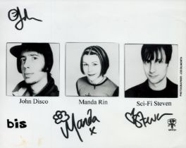 Bis band multi signed 10x8inch black and white photo. Signed by Steven Clark (Sci-Fi Steven), John