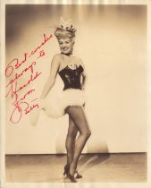 Betty Grable signed 10x8inch sepia photo. Dedicated. Slight water damage to top edge of photo but