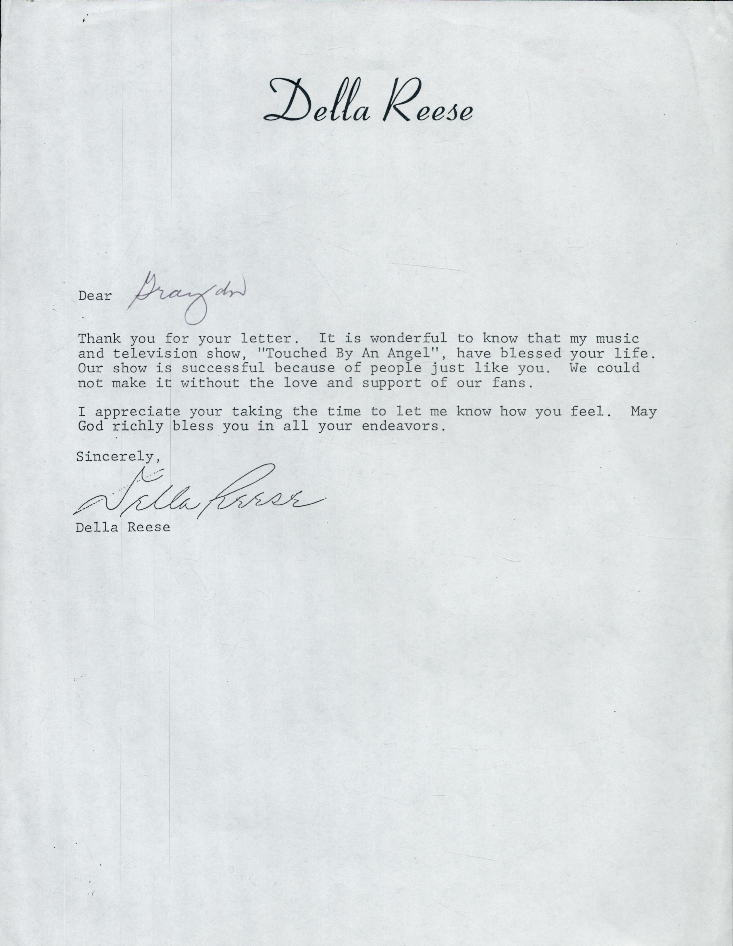 Della Reese signed TLS Thank you letter. Known professionally as Della Reese, was an American jazz
