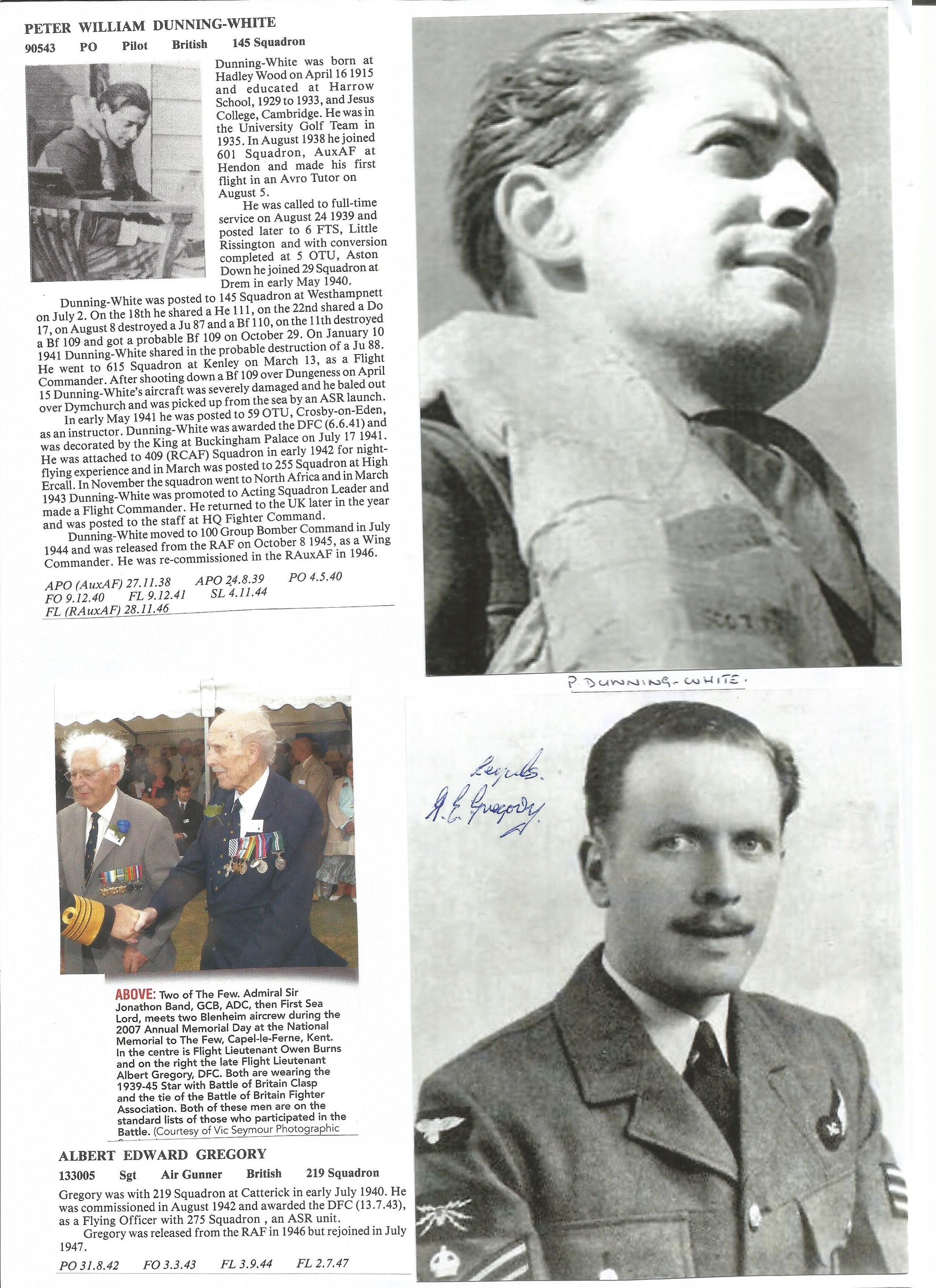 WW2 BOB fighter pilot Albert Gregory 219 sqn signed photo with biography details fixed to A4 page.