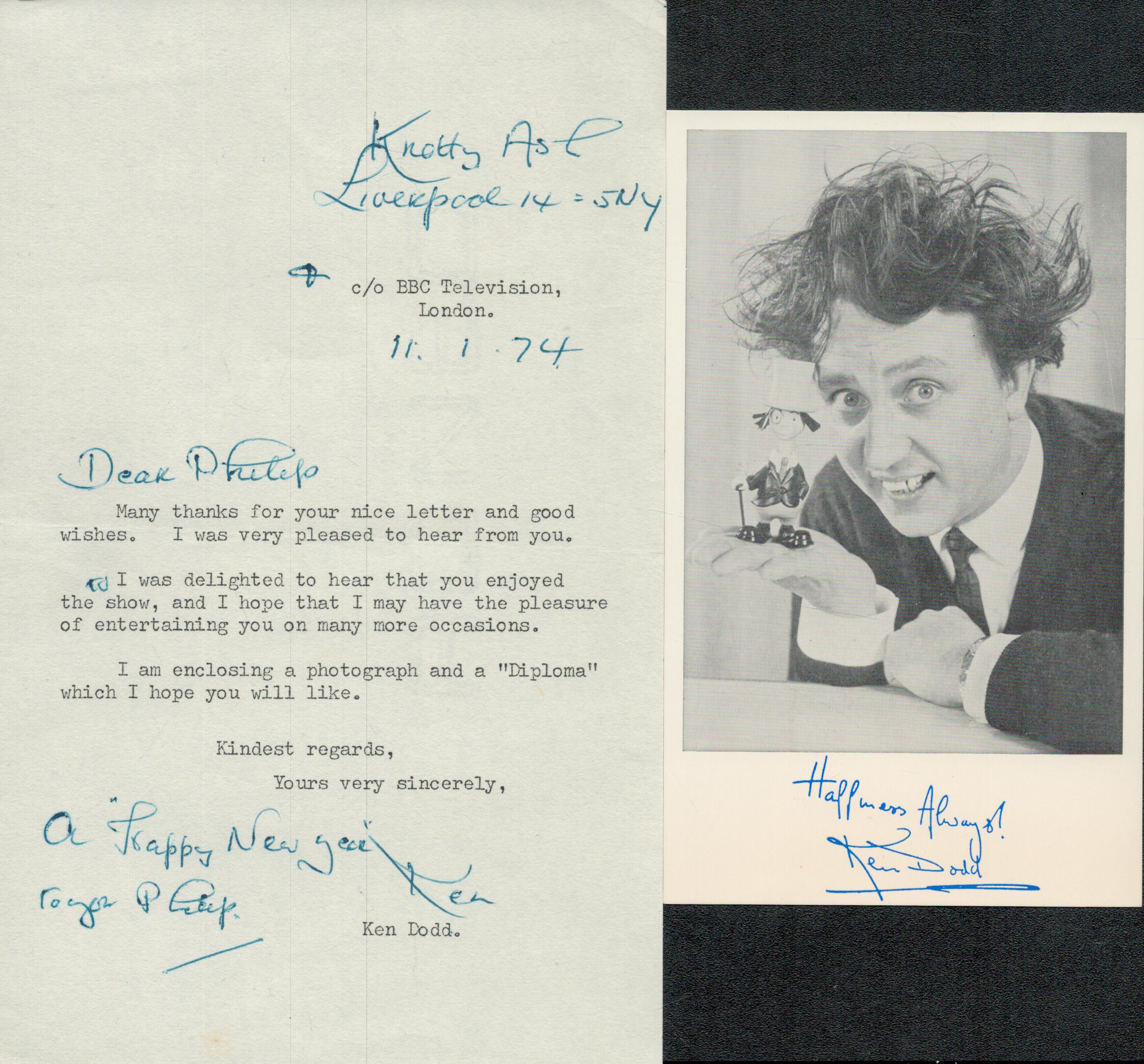 Ken Dodd signed black & white photo Approx. 6x3.5 Inch plus TLS Thank you letter dated 11.1.74.