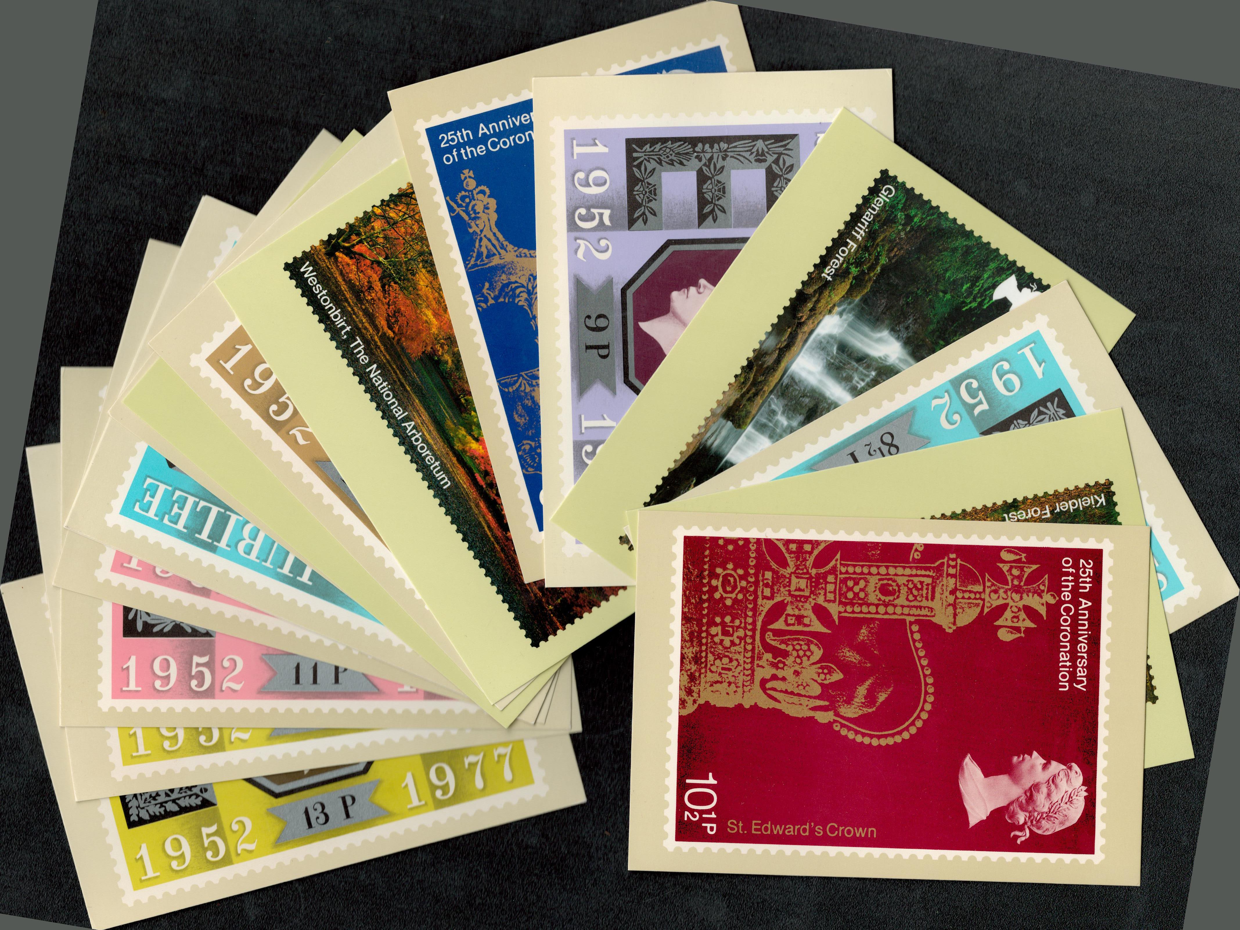 Postcard Roy mail collection includes Silver Jubilee, 25th Anniversary of the Coronation, Forests.