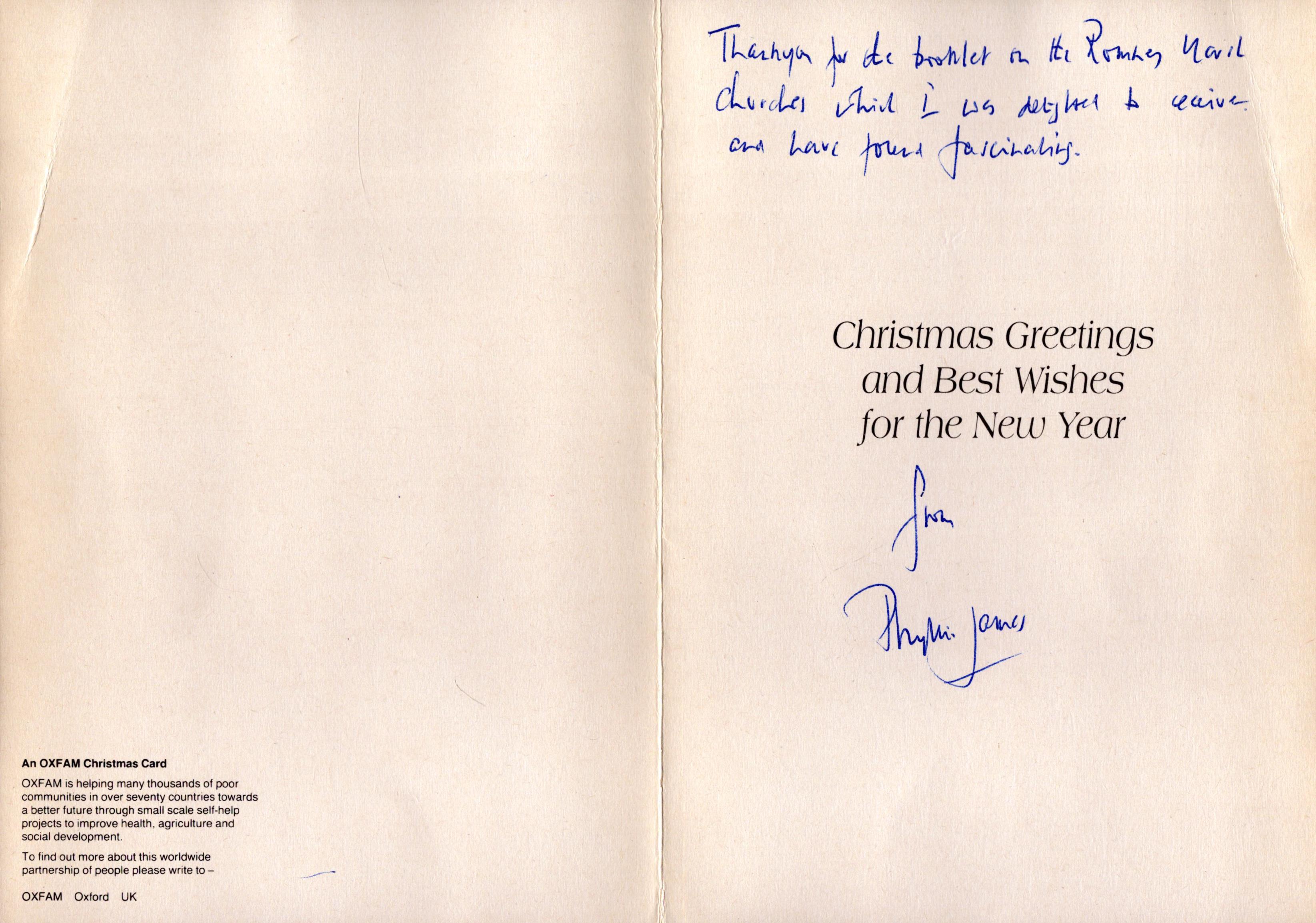 Phyllis Dorothy James signed Christmas card. Good Condition. All autographs come with a