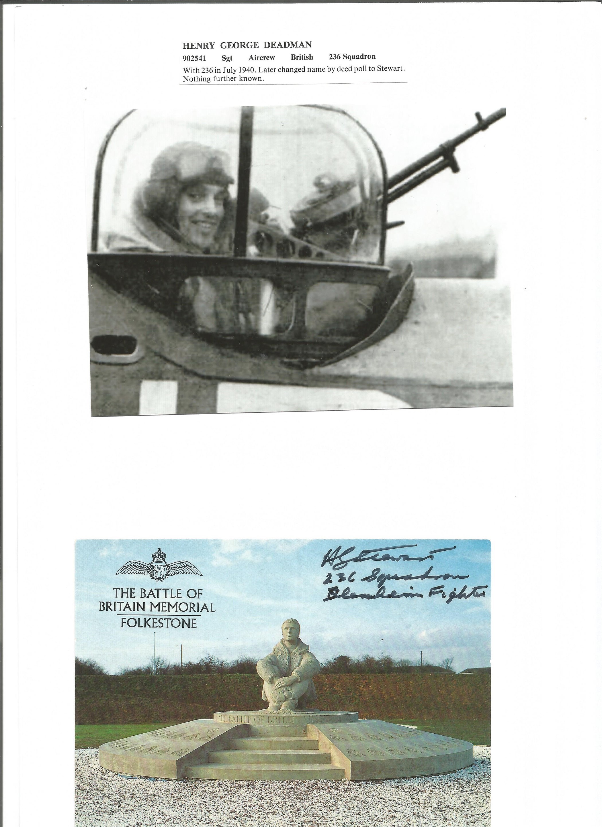 WW2 BOB fighter pilot H G Stewart 236 sqn signed BOB Memorial postcard with biography info fixed