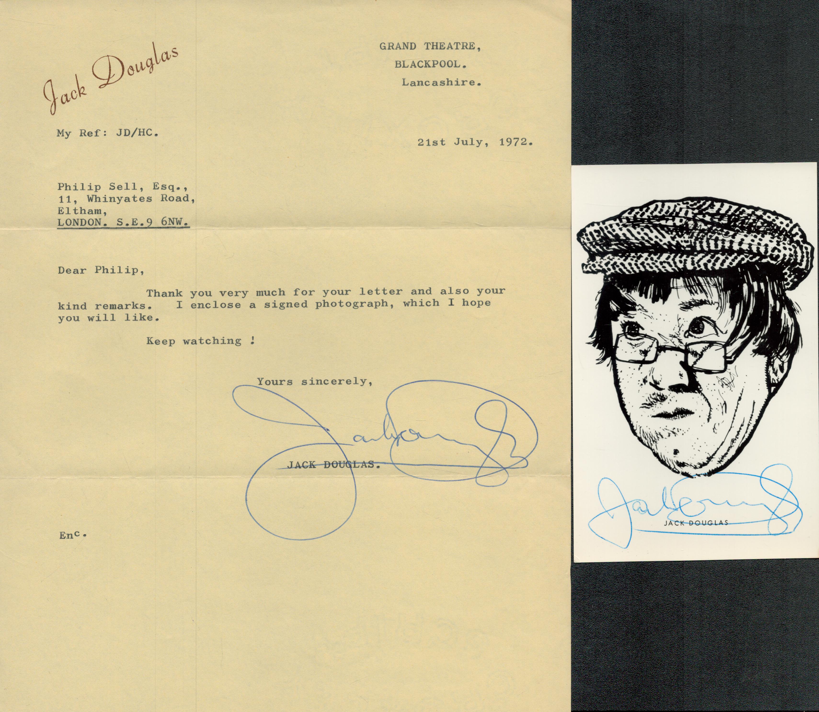 Jack Douglas signed sketched picture 5.5x3.5 Inch plus TLS Thank you letter dated 21st July 1972.