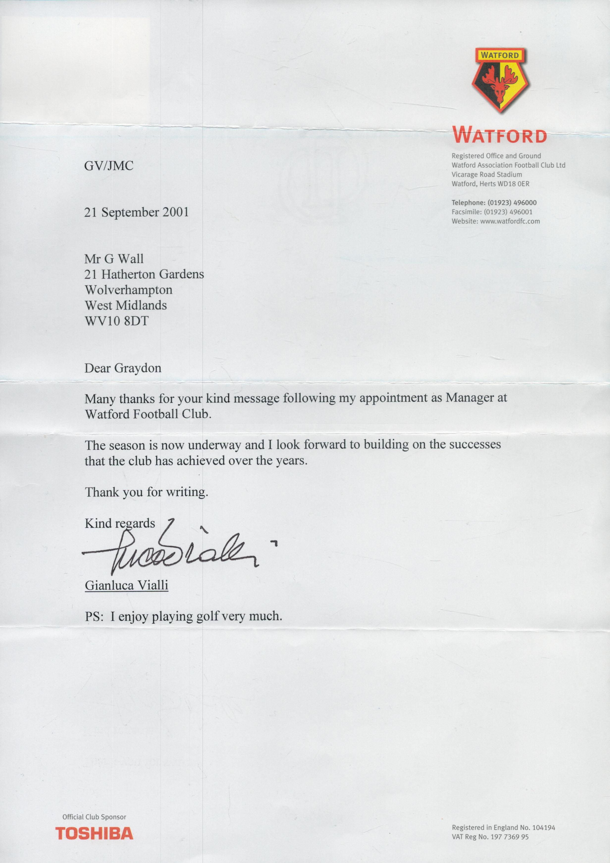 Gianluca Vialli TLS on Watford headed paper dated 21 sept 2001. Good Condition. All autographs