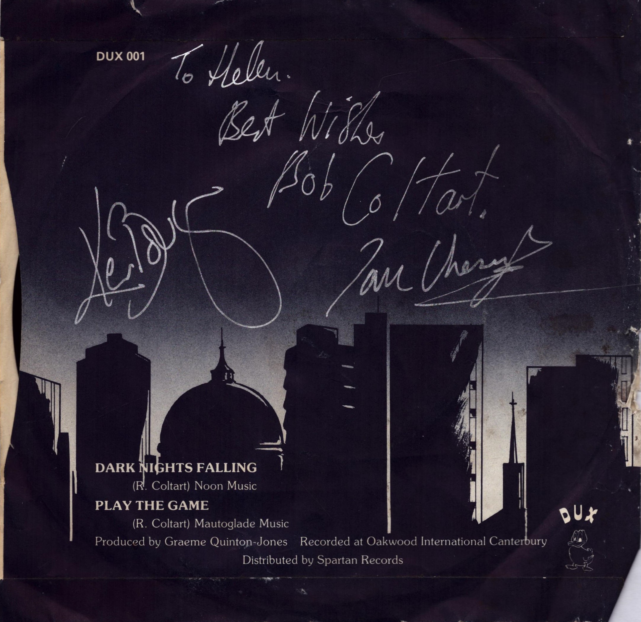 Dark Nights Falling DUX 001 Vinyl signed by Ian Cheswright, Kevin Bowyer and Robert Coltart. Good