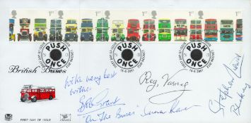 On the Buses, a British Buses FDC. Signed by Reg Varney who played Stan Butler, Bob Grant as Jack