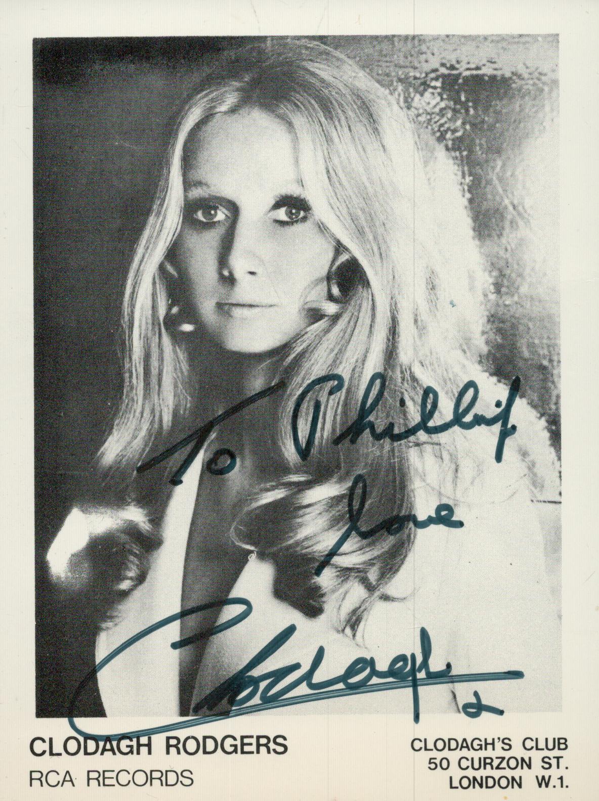 Clodagh Rodgers signed promo black & white photo 5.5x4 Inch. Dedicated. Is a retired singer from