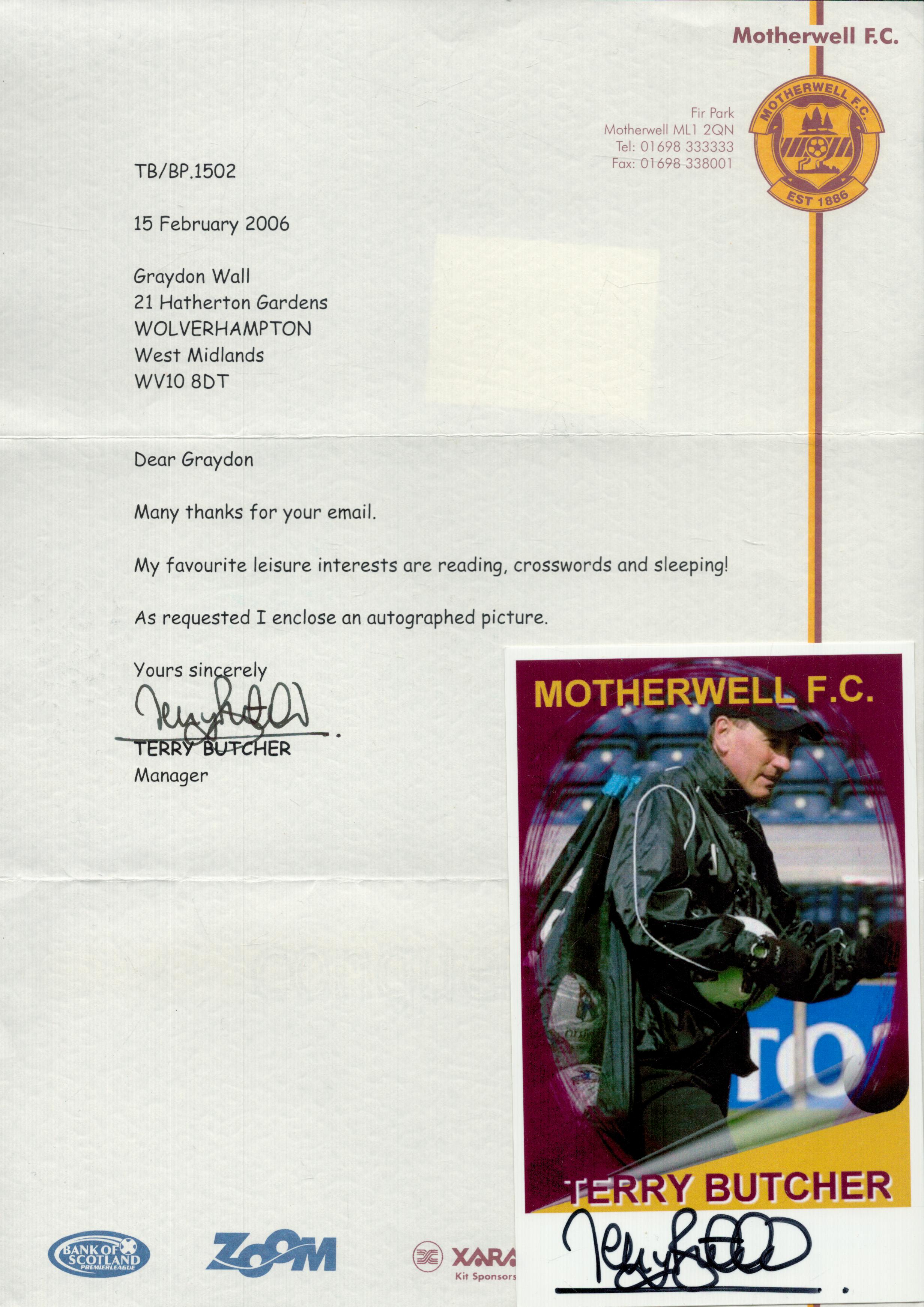 Terry Butcher signed 6x4inch colour photo with TLS on Motherwell FC headed paper dated 15th Feb