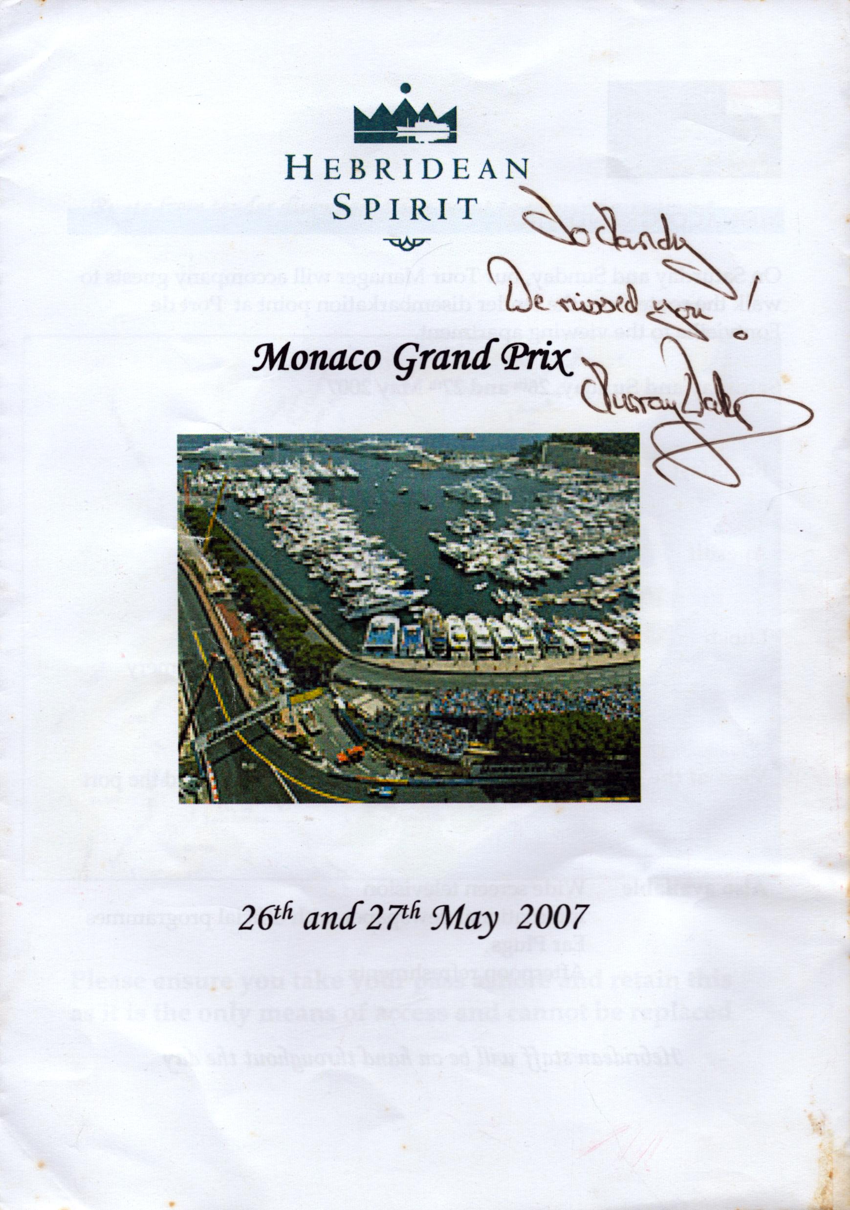 Murray Walker signed Hebridean Spirit Monaco Grand Prix 26/27th May 2007 programme. Walker OBE (10